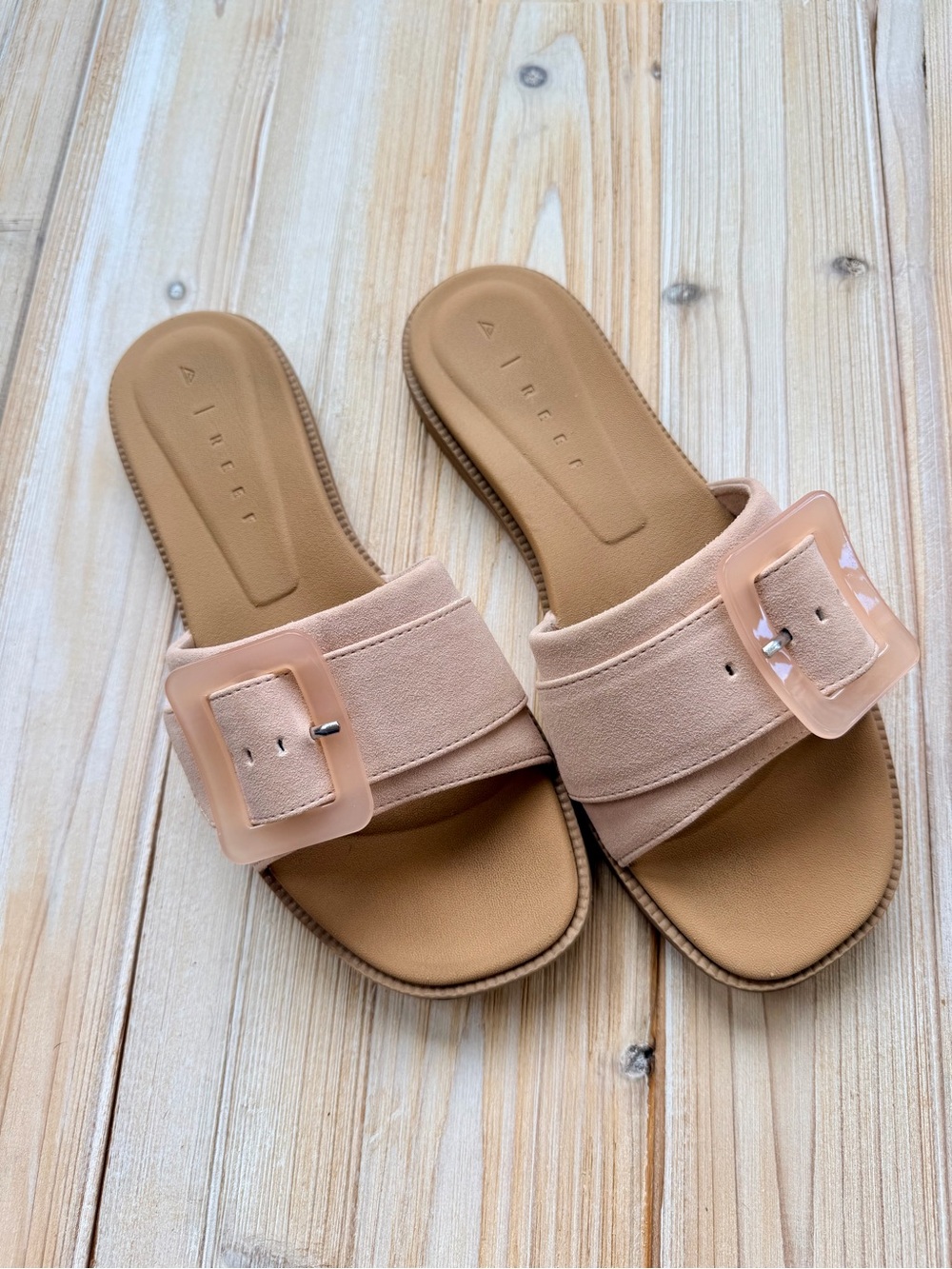 REEF Blush Nude Vegan Suede Slides with Oversized Buckle